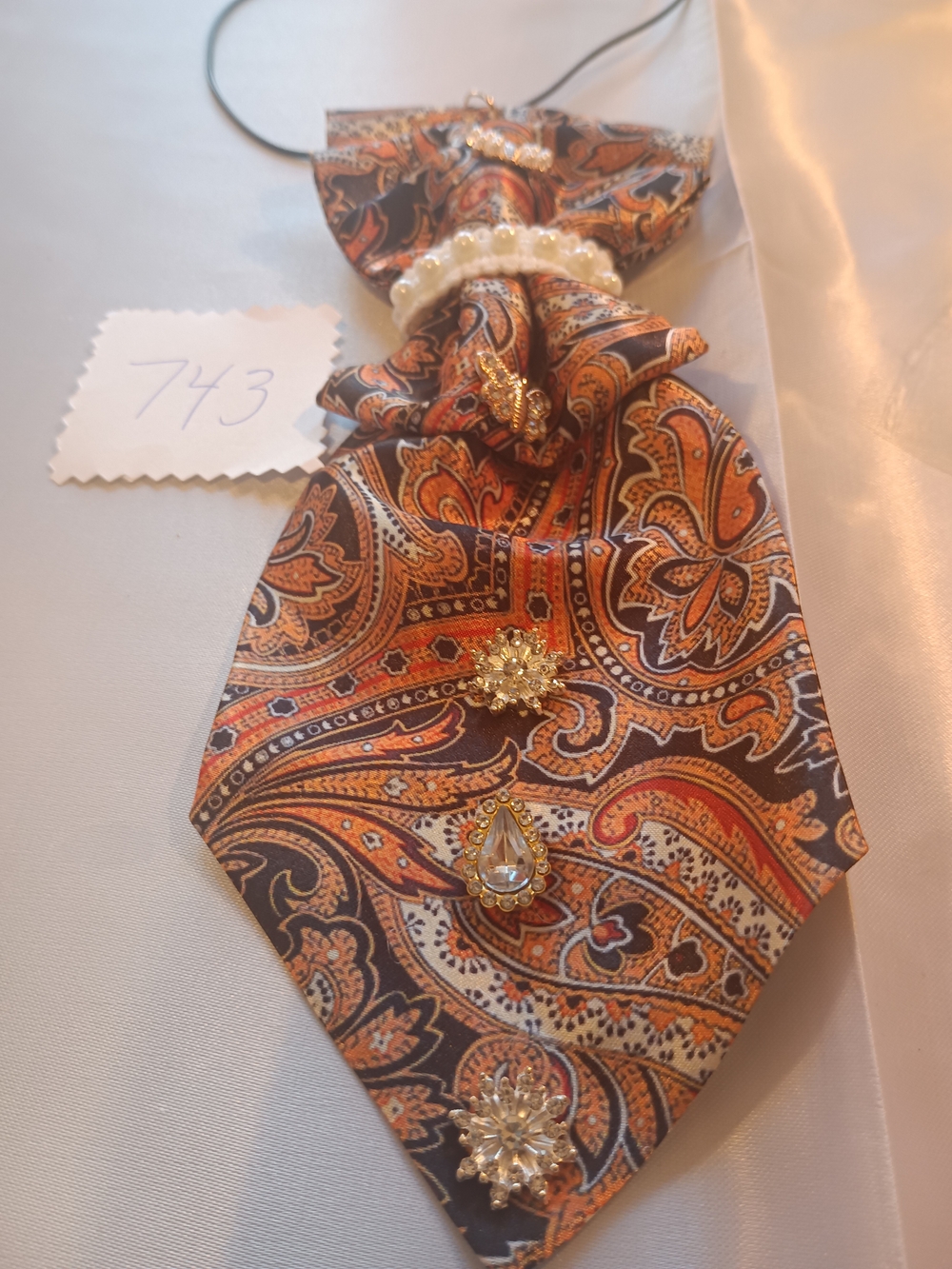 Elegant Orange Paisley Tie Necklace Accessory with Pearl and Gold Accents